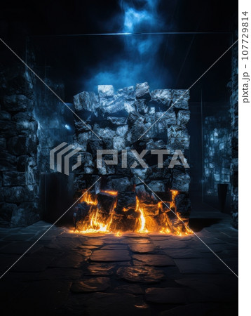 Stone tunnel in fantasy style, mystical catacombs illuminated by fire AI 107729814