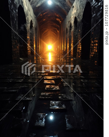 Stone tunnel in fantasy style, mystical catacombs illuminated by fire AI Stone tunnel in fantasy style, mystical catacombs illuminated by fire AI 107729816