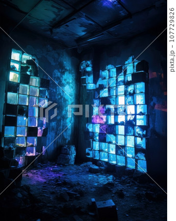 Corner of a destroyed abandoned room during construction AI 107729826