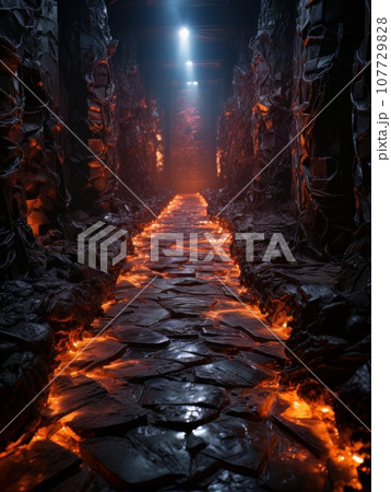 Stone tunnel in fantasy style, mystical catacombs illuminated by fire AI Stone tunnel in fantasy style, mystical catacombs illuminated by fire AI 107729828