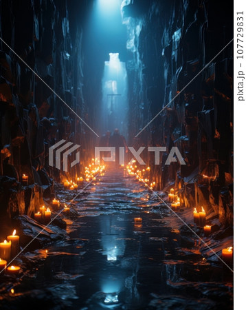 Stone tunnel in fantasy style, mystical catacombs illuminated by fire AI Stone tunnel in fantasy style, mystical catacombs illuminated by fire AI 107729831