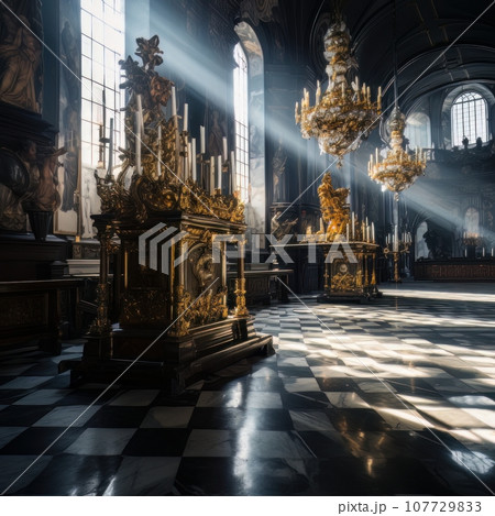 Luxurious baroque room with candelabra and lit candles AI 107729833