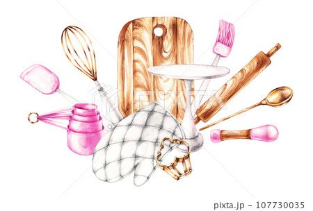 Watercolor composition of baking tools isolated on a white 107730035