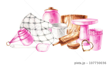 Watercolor composition of baking tools isolated on a white Watercolor composition of baking tools isolated on a white 107730036