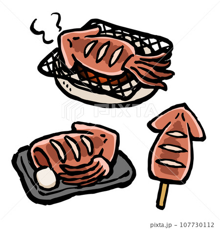 イカの姿焼き　串・お皿・網焼きのイラスト 107730112