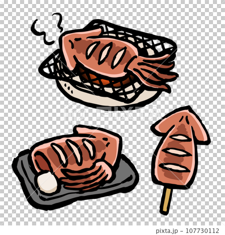 イカの姿焼き　串・お皿・網焼きのイラスト 107730112
