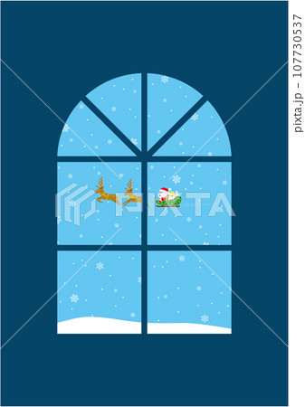 クリスマス、窓からサンタクロースが飛んでいるのが見えるイラスト 107730537