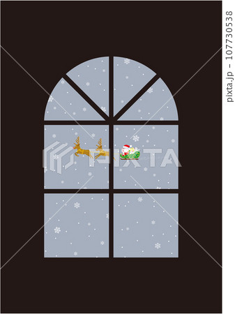 クリスマス、窓からサンタが飛んでいるのが見えるイラスト 107730538