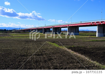 河川敷から川幅日本一の御成橋を見る 107731135