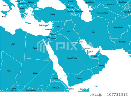 中東地域の地図、英語の国名入り 中東地域の地図、英語の国名入り 107731318