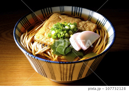 油揚げ、かまぼこ、ワカメ、葱が乗ったきつね蕎麦 油揚げ、かまぼこ、ワカメ、葱が乗ったきつね蕎麦 107732128