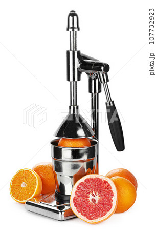 Mechanic juicer for citrus fruits isolated on white Mechanic juicer for citrus fruits isolated on white 107732923