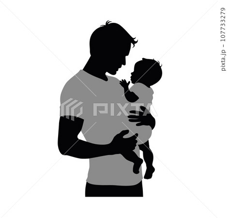 Silhouette of dad holding baby, father and baby silhouettes together 107733279