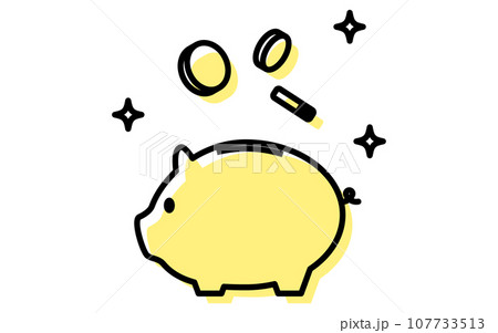 豚の貯金箱にお金が降るアイコン、シンプルな線画イラスト 107733513