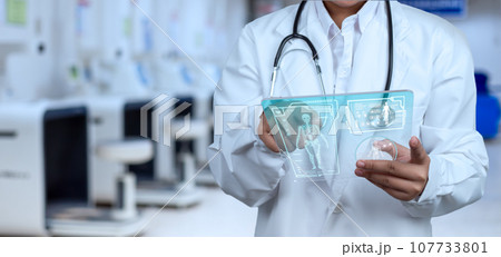 Doctor is using finger of touching screen for medical diagnostic analysis on modern virtual screen network connection. Medical technology concept. 107733801