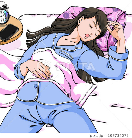 リラックスして眠るロングヘアの若い女性_布団はだけてるVer 107734075
