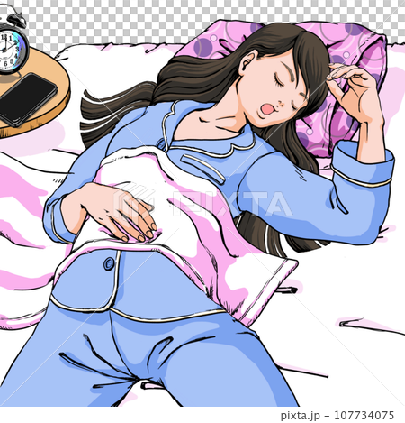 リラックスして眠るロングヘアの若い女性_布団はだけてるVer 107734075