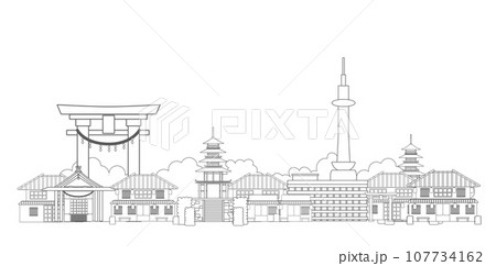 Kyoto City, Japan - Front View Line Drawing on White Background Kyoto City, Japan - Front View Line Drawing on White Background 107734162