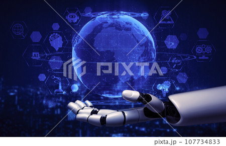 Future artificial intelligence robot and cyborg. 3D illustration. Future artificial intelligence robot and cyborg. 3D illustration. 107734833