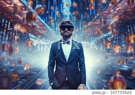 Businessman wearing virtual reality with digital data transfer buzzy software 107735028