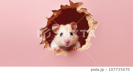 Cute Hamster peeking out of a hole in wall, torn hole, empty copy space frame, mockup. Generative AI weber. Cute Hamster peeking out of a hole in wall, torn hole, empty copy space frame, mockup. Generative AI weber. 107735070