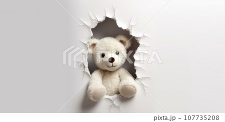 Cute Teddy Bear peeking out of a hole in wall, torn hole, empty copy space frame, mockup. Generative AI weber. Cute Teddy Bear peeking out of a hole in wall, torn hole, empty copy space frame, mockup. Generative AI weber. 107735208