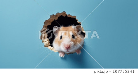 Cute Hamster peeking out of a hole in wall, torn hole, empty copy space frame, mockup. Generative AI weber. Cute Hamster peeking out of a hole in wall, torn hole, empty copy space frame, mockup. Generative AI weber. 107735241