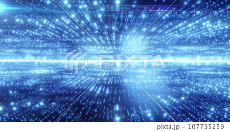 Abstract blue energy hi-tech lines and digital particles fly in a tunnel with bokeh effect glowing background 107735259