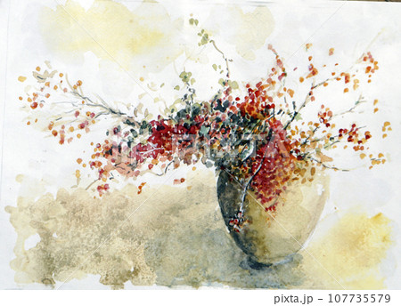 ピラカンサの生け花のスケッチ画 ピラカンサの生け花のスケッチ画 107735579