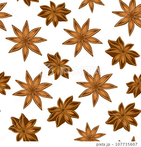 Seamless pattern with vector stars of anise on white background. Seamless pattern with vector stars of anise on white background. 107735607