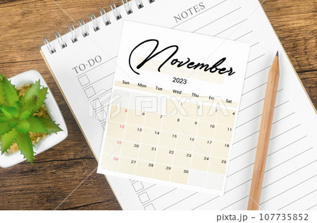 The November 2023 Monthly calendar for 2023 year with wooden pencil. The November 2023 Monthly calendar for 2023 year with wooden pencil. 107735852