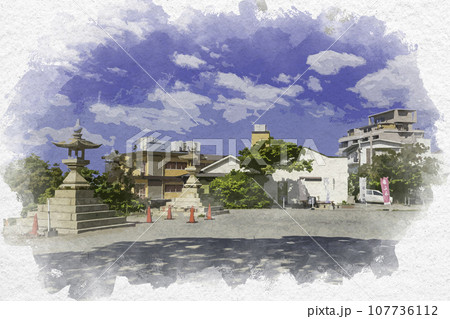 水彩画風　赤穂御崎　銀波荘と祥吉　兵庫県赤穂市 107736112