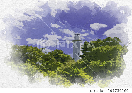 水彩画風　赤穂御崎　赤穂御崎灯台　兵庫県赤穂市 107736160