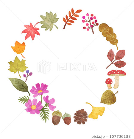 秋の落ち葉フレーム　手描き水彩　 107736188