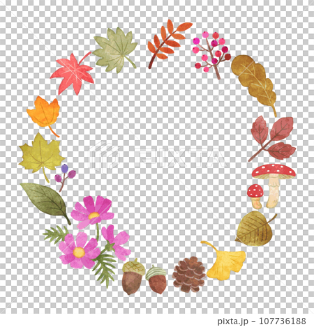 秋の落ち葉フレーム　手描き水彩　 107736188