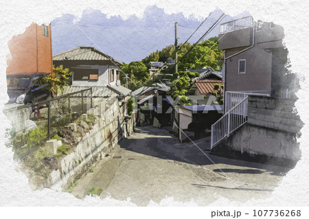 水彩画風　赤穂御崎　路地　兵庫県赤穂市 107736268