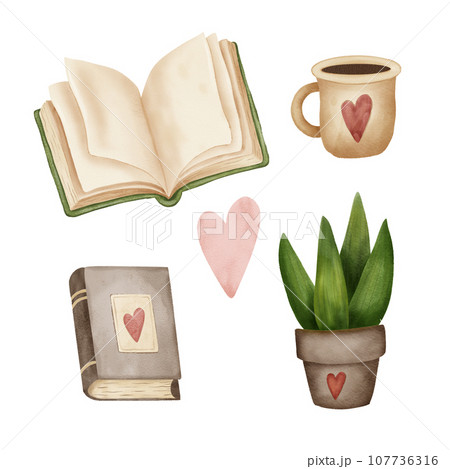 Reading lovers cute hand drawn set. Books and cozy things. Colorful open and closed books, hobby, cups with coffee or tea, home plant. Watercolor. For postcards, stickers, pattern 107736316