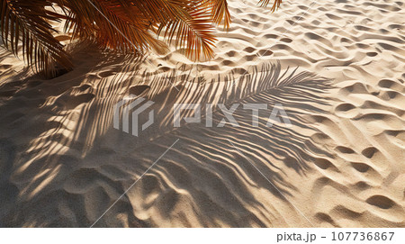 Plam leaves on the tropical beach sand background. Vacation and relaxation concept with dry palm leaves on the hot summer beach. Generated AI. Plam leaves on the tropical beach sand background. Vacation and relaxation concept with dry palm leaves on the hot summer beach. Generated AI. 107736867