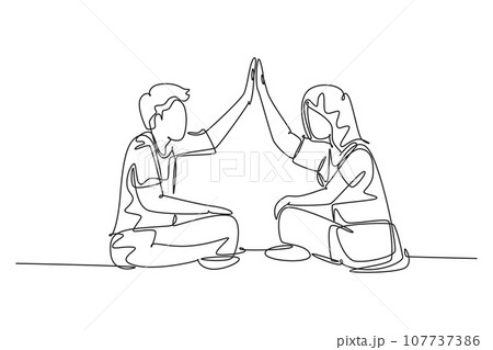 Continuous one line drawing of young happy couple male and female student sitting on the floor and giving high five gesture. Relationship concept. Single line draw design vector graphic illustration Continuous one line drawing of young happy couple male and female student sitting on the floor and giving high five gesture. Relationship concept. Single line draw design vector graphic illustration 107737386