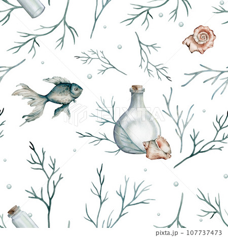 Seamless pattern with watercolor seaweed and coral, fish, shell. Hand painted seashells pattern. Watercolor vintage ocean background. Original hand drawn illustration. Marine design. Seamless pattern with watercolor seaweed and coral, fish, shell. Hand painted seashells pattern. Watercolor vintage ocean background. Original hand drawn illustration. Marine design. 107737473