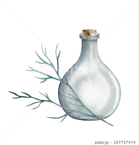 Set of glass jar, vase with wooden stopper, lid. Ocean blue seaweed, coral. Watercolor hand drawn clipart isolated on white background. set of beakers for biological and medical experiments. Set of glass jar, vase with wooden stopper, lid. Ocean blue seaweed, coral. Watercolor hand drawn clipart isolated on white background. set of beakers for biological and medical experiments. 107737474