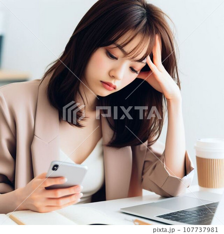 パソコンとスマートフォンを同時に操作して疲れている女性。電子機器ノイローゼ パソコンとスマートフォンを同時に操作して疲れている女性。電子機器ノイローゼ 107737981
