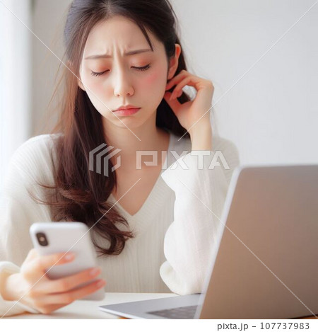 パソコンとスマートフォンを同時に操作して疲れている女性。電子機器ノイローゼ 107737983