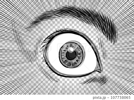 Close-up illustration of an eye with its pupils dilated 107738065