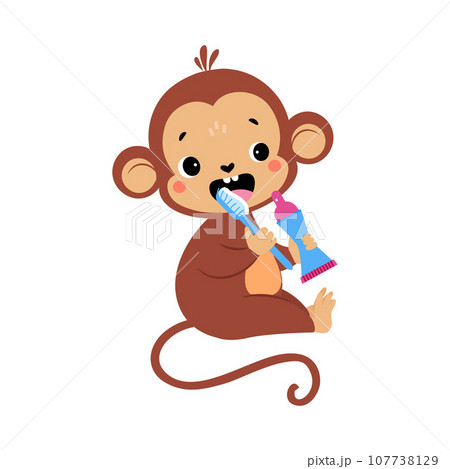 Monkey Character Brushing Teeth with Toothbrush as Hygiene Vector Illustration 107738129