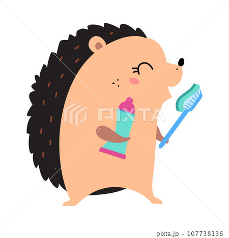 Prickly Hedgehog Character Brushing Teeth with Toothbrush as Hygiene Vector Illustration 107738136