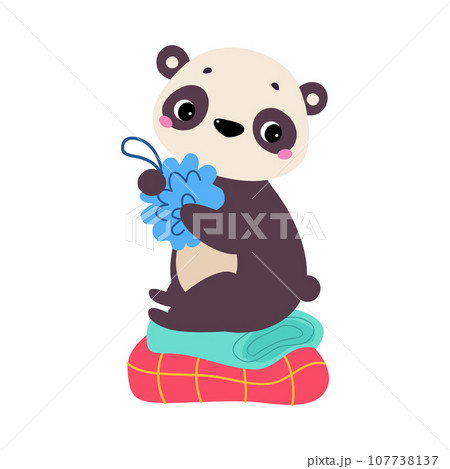 Cute Panda Washing Body with Sponge Sit on Towel Vector Illustration 107738137