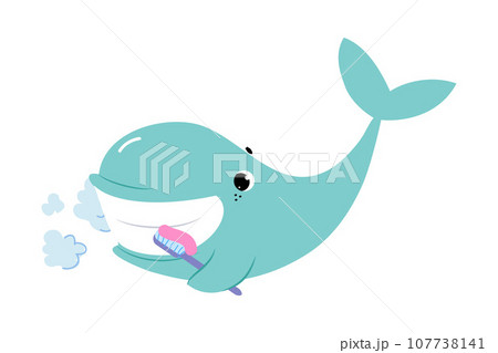 Blue Whale Character Brushing Teeth with Toothbrush as Hygiene Vector Illustration 107738141