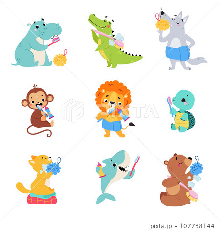 Cute Animals Washing Engaged in Personal Hygiene Vector Set 107738144
