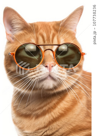 Close up ginger cat in round sunglasses, on white background 107738236